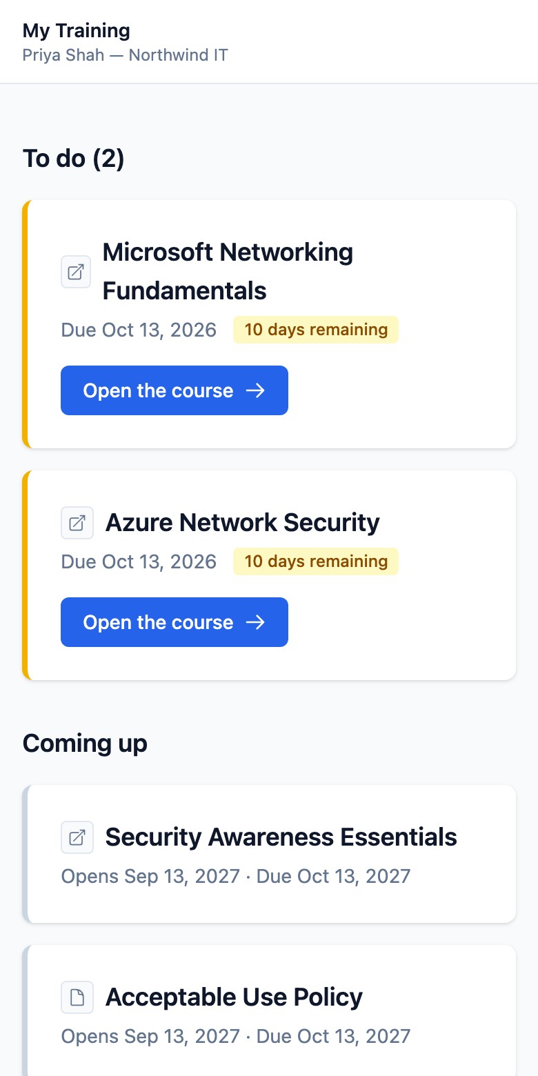 An employee's training page on a phone: two courses due in 10 days, and two renewals coming up next year.
