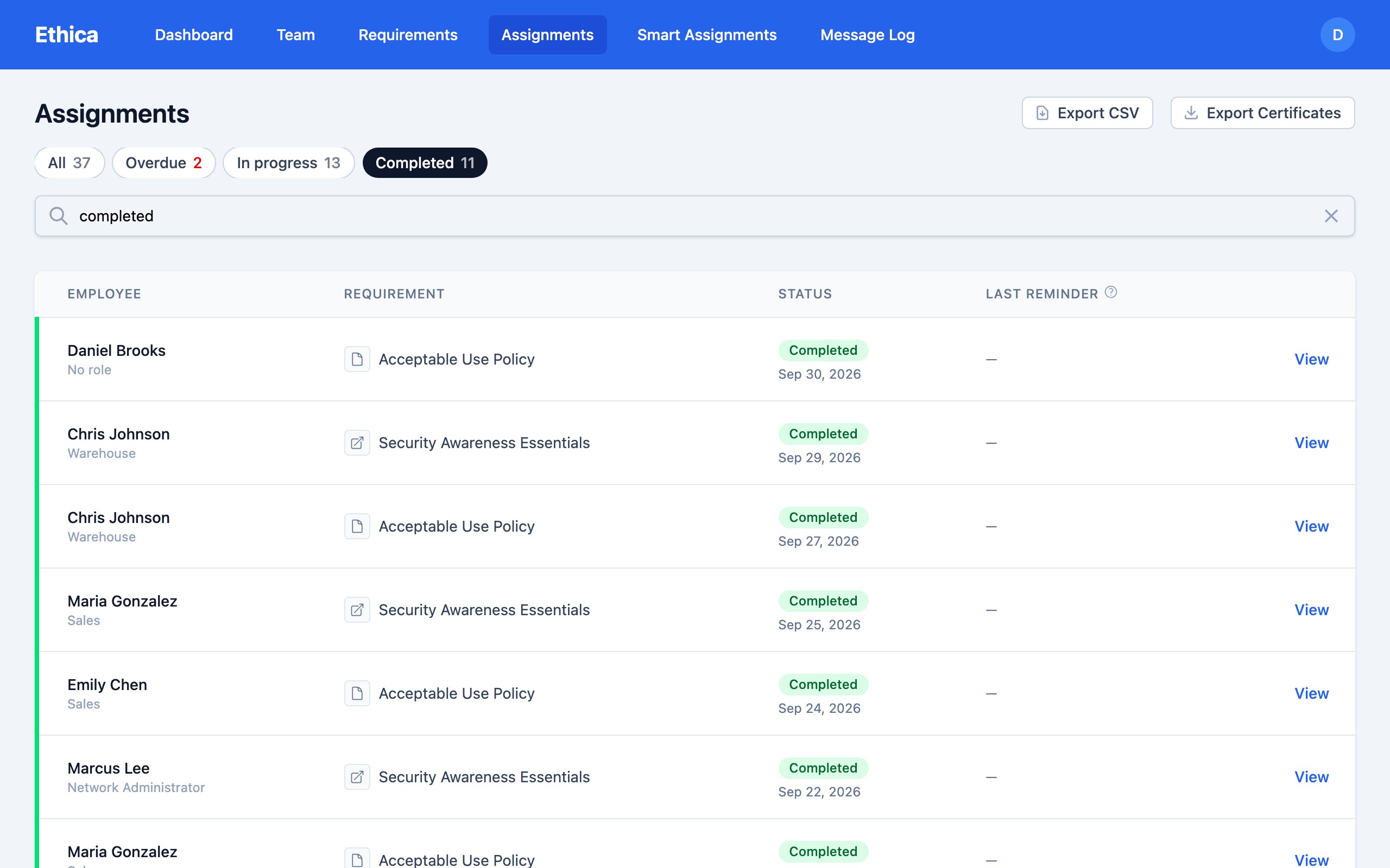 The assignments list filtered to completed: each employee, the policy or course, and the date and time they finished.