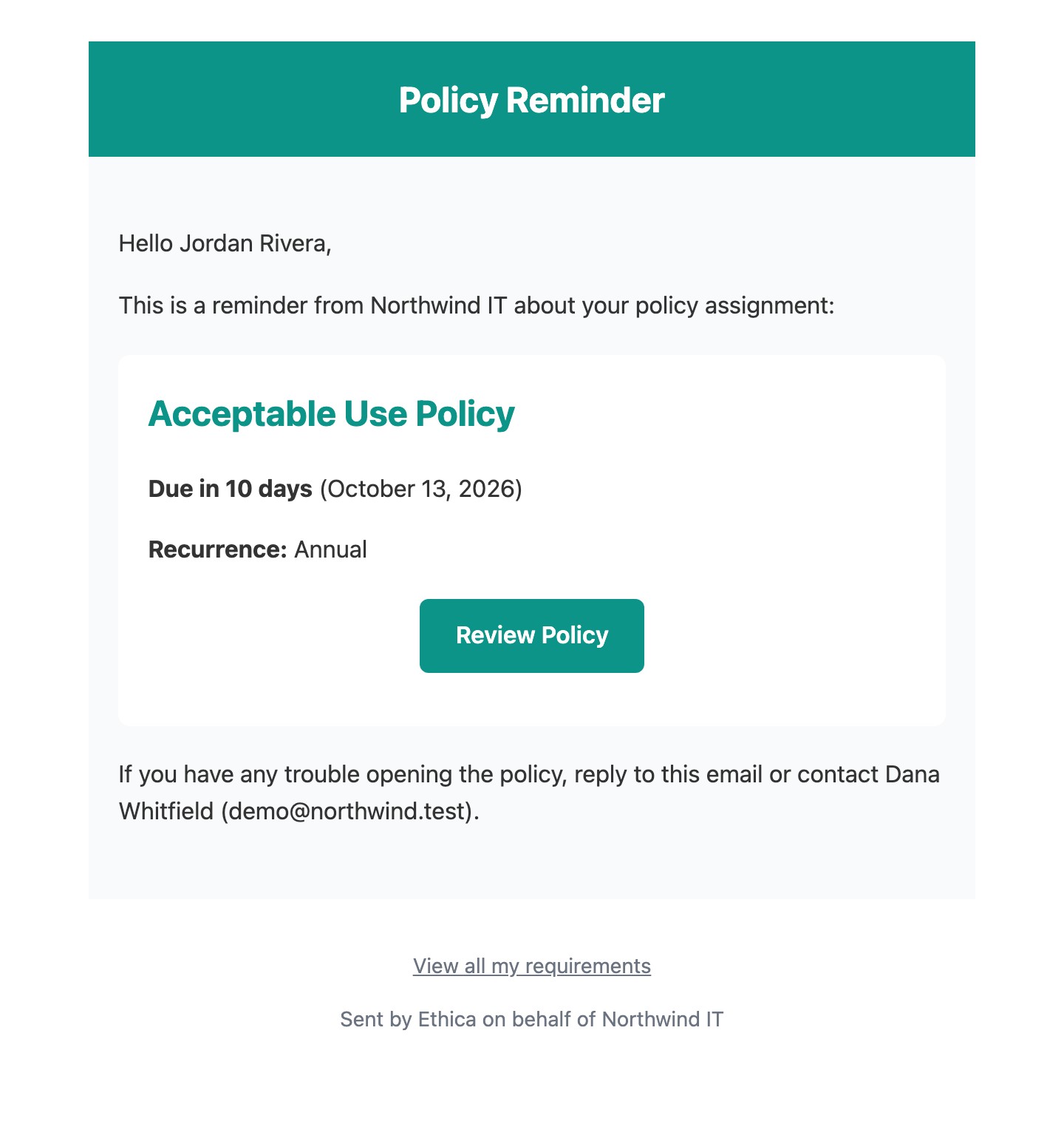 A reminder email from Northwind IT: the Acceptable Use Policy is due in 10 days, with a button to review it.