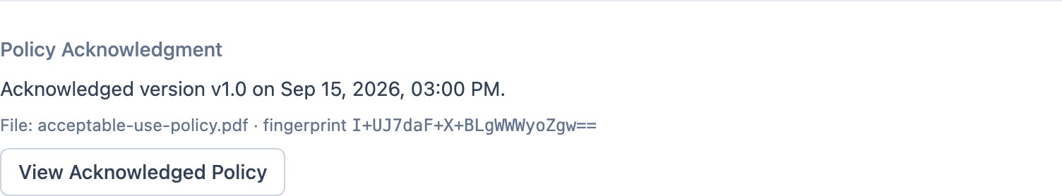 One employee's signed policy: version v1.0 acknowledged on Sep 15, 2026 at 3:00 PM, with the file name and its fingerprint.